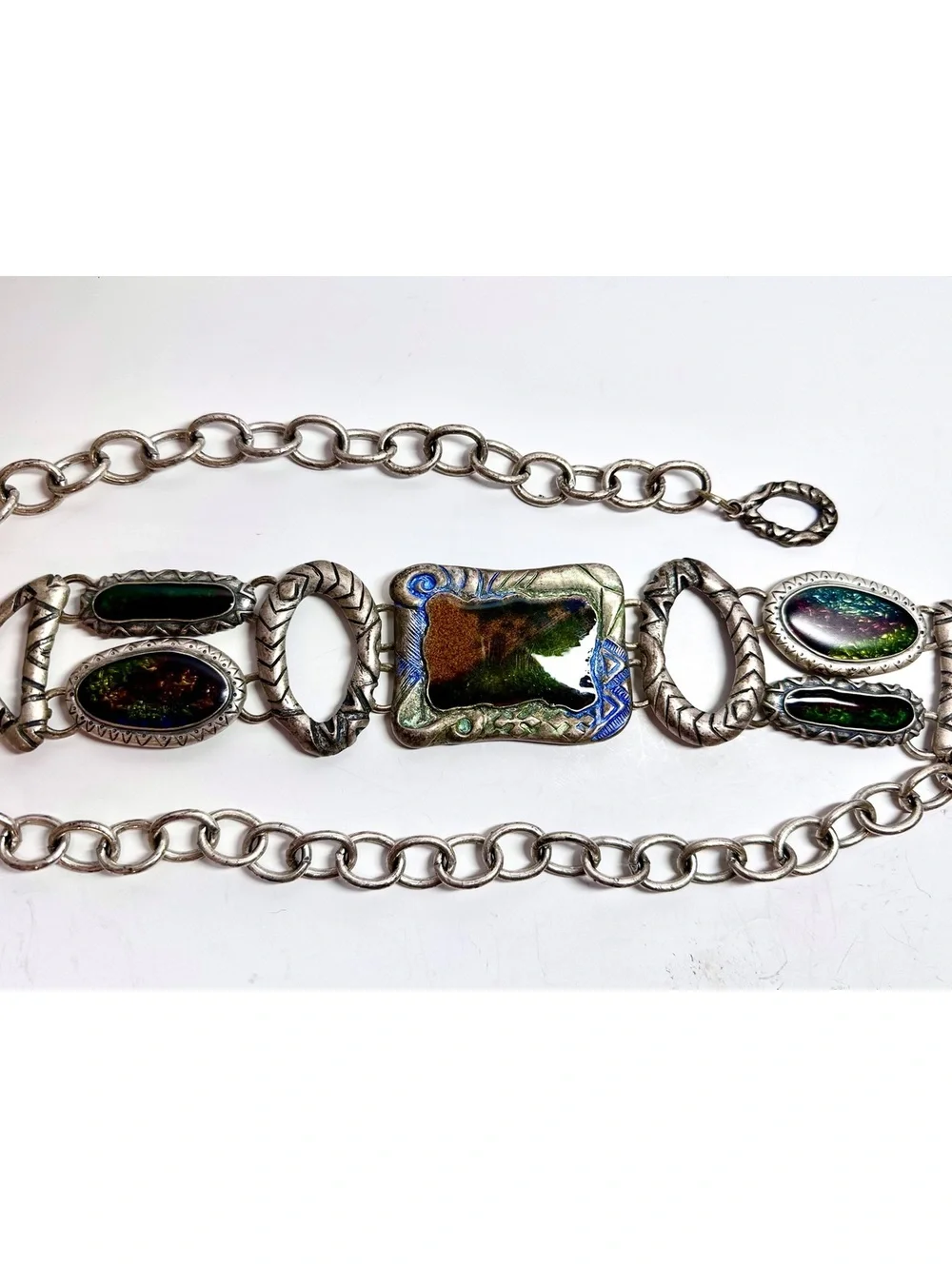 Vintage Chico’s Adjustable Chain Belt Enamel Dichroic Glass Metal Medallions
